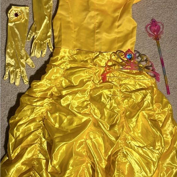 DISNEY Belle dress tiara gloves wand yellow golden shiny rhinestones size 130cm - Picture 1 of 7